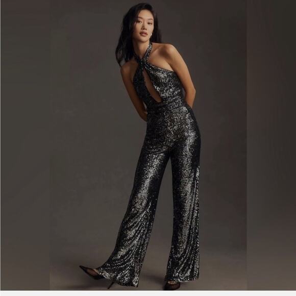 Anthropologie Maeve Sequin Halter Jumpsuit Black Silver Size 6 Sexy Clubwear - Picture 5 of 7
